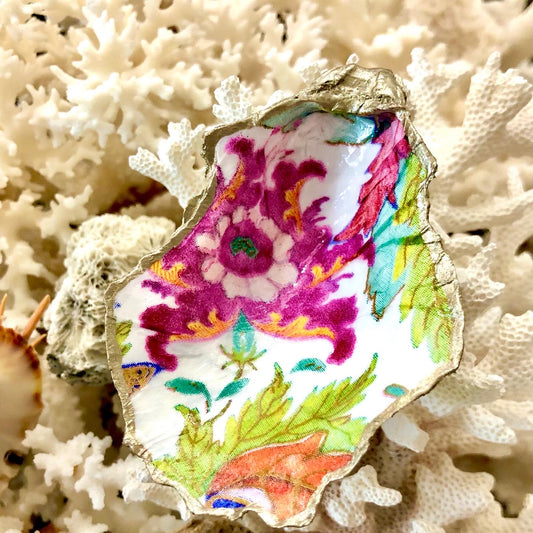 Tobac Flower Decoupage Oyster Vanity Dish