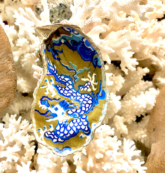 Good Luck White Dragon Decoupage Oyster Vanity Dish