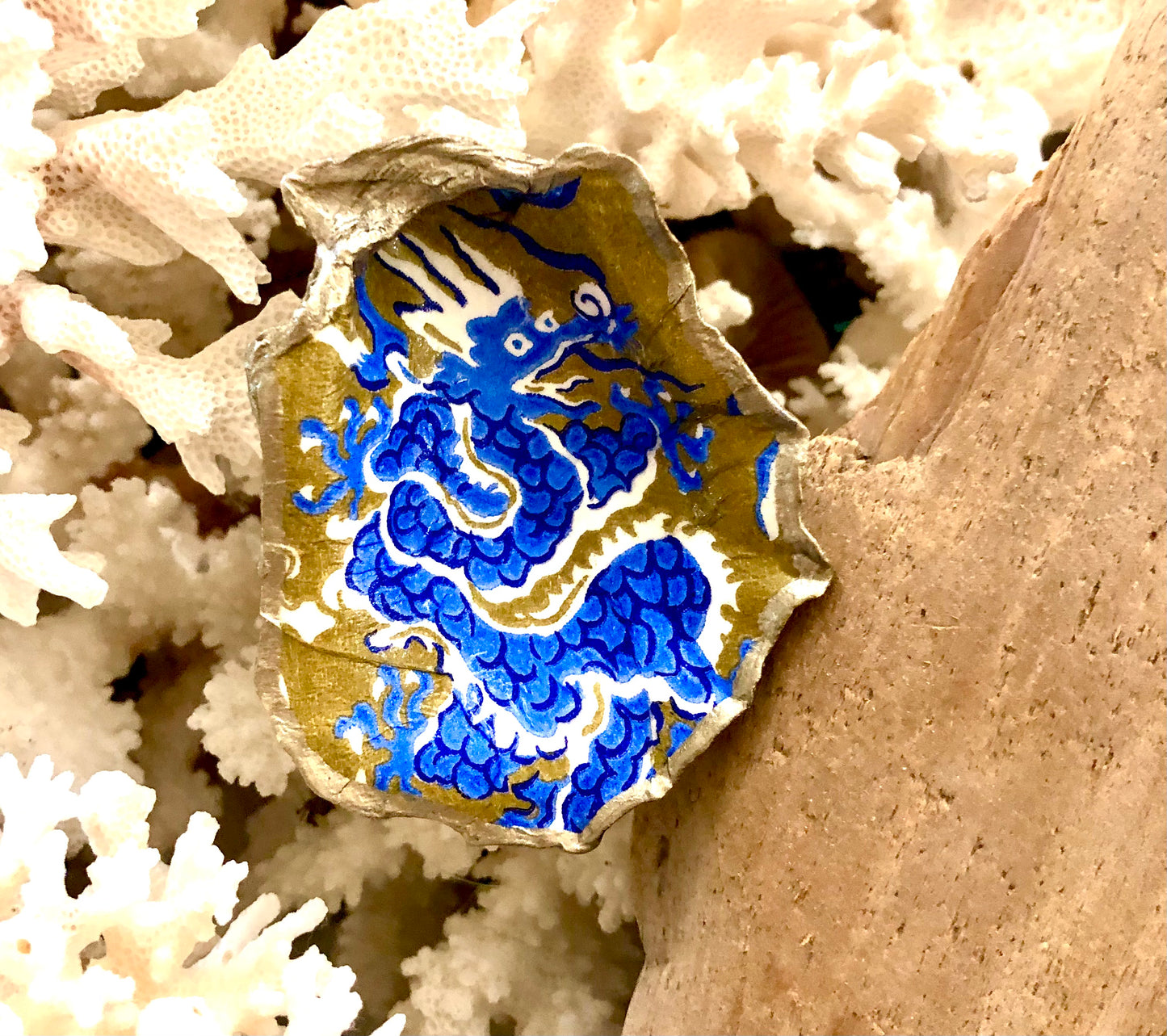 Good Luck Blue Dragon Decoupage Oyster Vanity Dish
