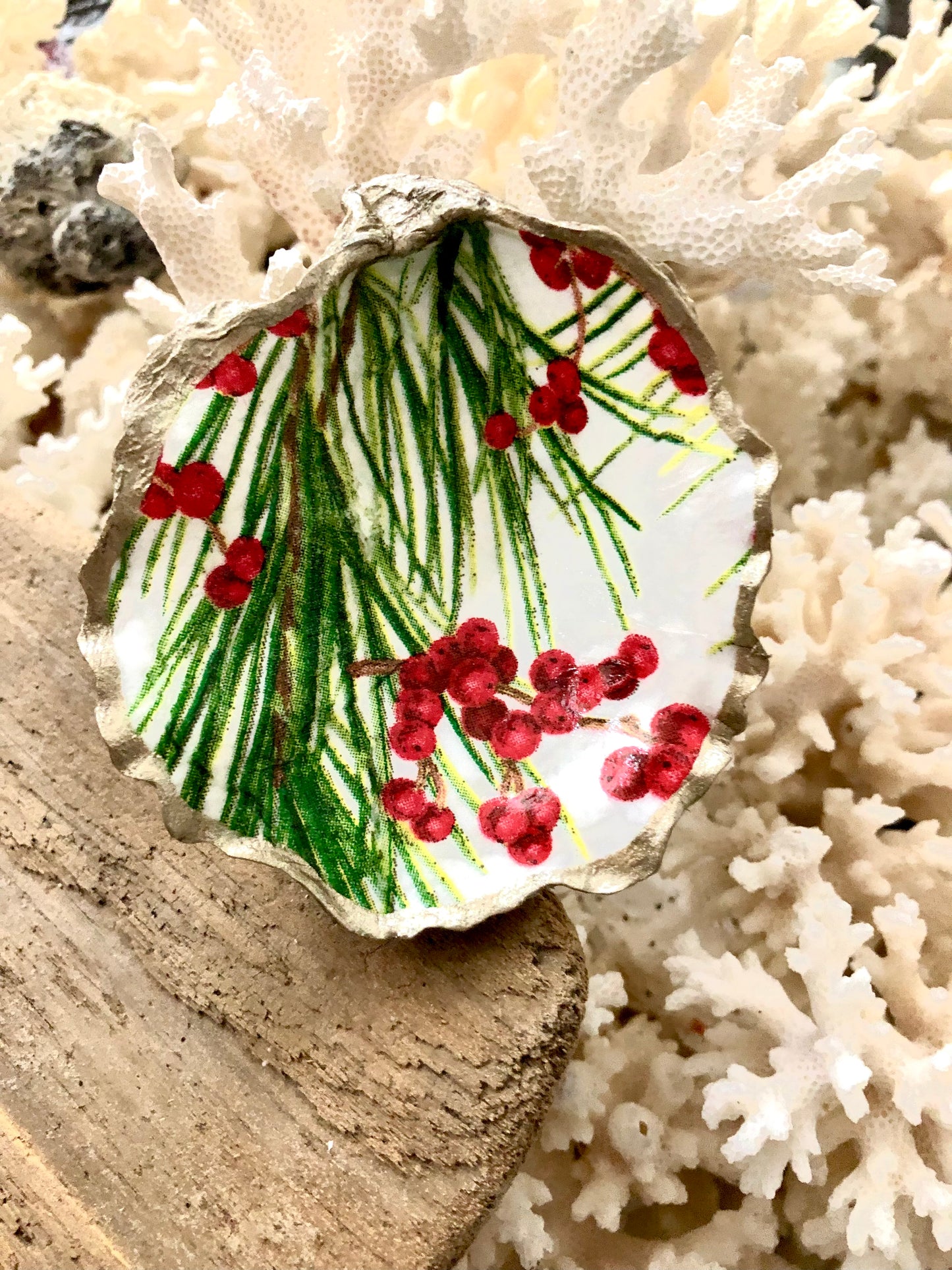 Pine & Red Berry Decoupage Oyster Vanity Dish