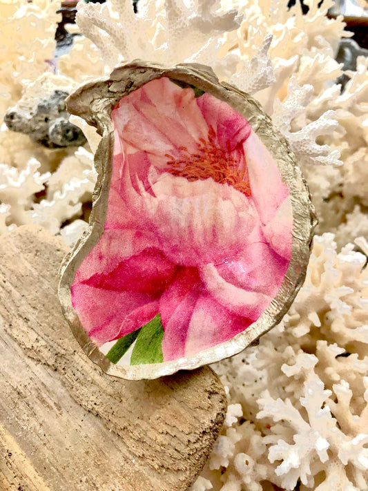 Bright Peony Petals Decoupage Oyster Vanity Dish