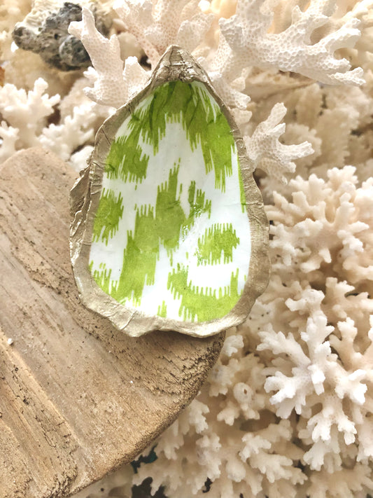 Green Batik Decoupage Oyster Vanity Dish