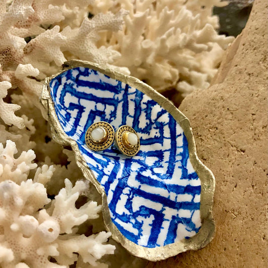 Blue & White Ikat Decoupage Oyster Vanity Dish